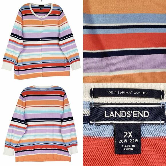 Lands End Cardigan Sweater Womens Plus Size 2X Multicolor Striped Long Sleeve - Picture 1 of 10